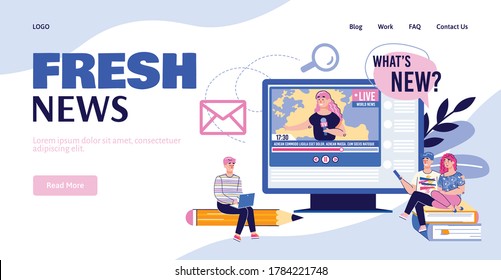 Web Page Interface For News Portal And Information Agency With People Cartoon Characters, Flat Vector Illustration. Online News Internet Mailing Landing Page.