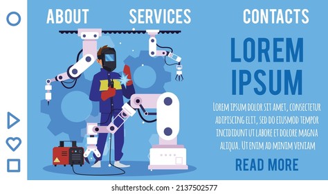 Web page interface with welder in protective masks working with high-tech robotic equipment. Gas welding work on metal web banner, flat vector illustration.