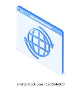 Web page with internet network icon and arrows. Internet page reload concept. Vector illustration in isometric style. Isolated on white background.