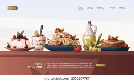 Web page with Italian pasta, lasagna, olive oil, panna cotta, tiramisu. Italian food, dessert, healthy eating, cooking, recipes, restaurant menu concept. Vector illustration for banner, website.