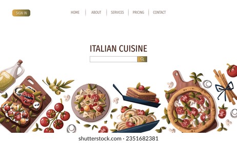 Web page with Italian pizza, pasta, bruschetta, lasagna, olive oil. Italian food, healthy eating, cooking, recipes, restaurant menu concept. Vector illustration for banner, website, poster.