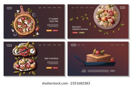 Web page with Italian pizza, pasta, bruschetta, lasagna. Italian food, healthy eating, cooking, recipes, restaurant menu concept. Vector illustration for banner, website, poster.