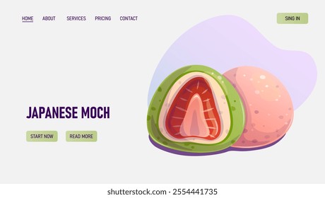 Web page with japanese mochi dessert. Vector illustration for bakery, dessert store, baking courses, sweet food. Web banner concept, landing page template.