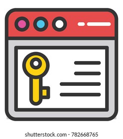 A web page with key sign, locked website flat vector icon