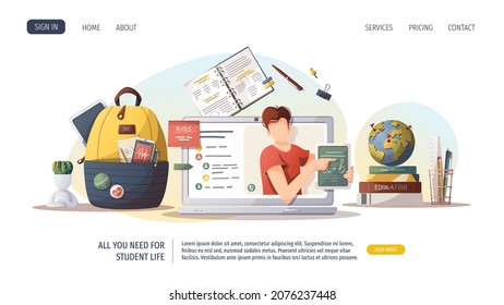 Web page with laptop and study supplies for Studying, education, e-learning, back to school, student, stationery. Vector illustration for poster, banner, website, advertising.