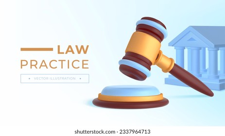 Web page of law and justice. Banner of online website page with hummer and gavel of judge in 3d isometric realistic style. Lawyer, attorney and prosecutor concept. Cartoon flat vector illustration