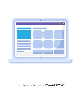 Diseño de la página del Web con áreas de datos en el ícono del monitor del portátil. Sitio web abierto de la tienda en línea o Cuenta personal de un elemento de la agencia gubernamental. Vector plano simple aislado en el fondo blanco