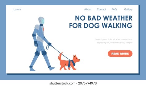 Web page layout of home robotic system helping to take care of pets. Home robot helper and assistant in various housekeeping chores, flat vector illustration.