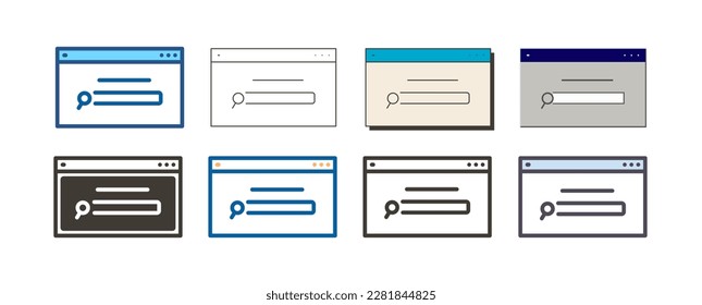 Web page layout with homepage search bar. Vector icon illustration in 8 different styles