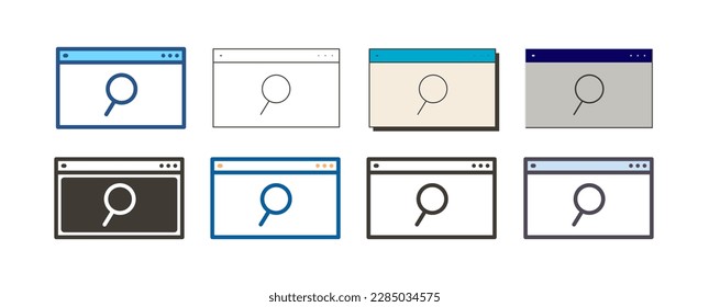Web page layout with search magnifier. Vector icon illustration in 8 different styles