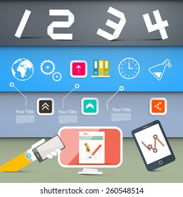 Web Page Layout with Technology Icons on Colorful Papers Background