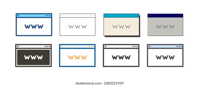 Diseño de página Web con www. Ilustración de icono vectorial en 8 estilos diferentes de una ventana que muestra el icono de un sitio web a nivel mundial