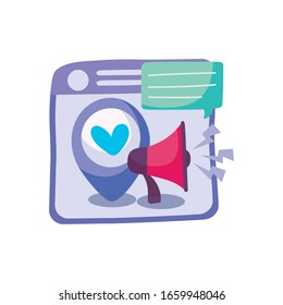 web page with location pin and megaphone over white background, vector illustration