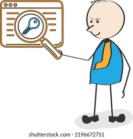Web page with magnifier and key icon with doodle drawing