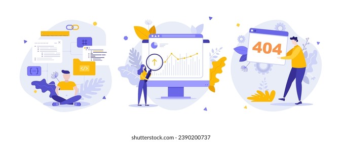 Webseitenwartungsdienst flach Konzept Vektorgrafiken Set. Webentwickler arbeiten an der Komposition von Projekten. 404 Fehler- und Verkehrsanalyse für Website, Präsentation
