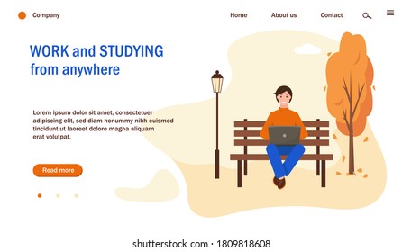 Web page with man working or studying in park.