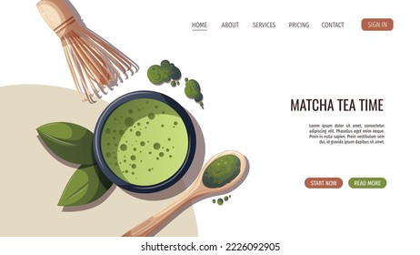 Web page with Matcha tea. Japanese drink, food, healthy nutrition, menu, beverage concept. Vector illustration. Banner, website, advertising.