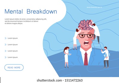 Web page of mental breakdown. Metaphor of Split Personality Disorder, Borderline Disorder, Schizophrenia man and psychologists help. Flat Art Vector illustration