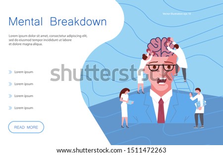 Web page of mental breakdown. Metaphor of Split Personality Disorder, Borderline Disorder, Schizophrenia man and psychologists help. Flat Art Vector illustration
