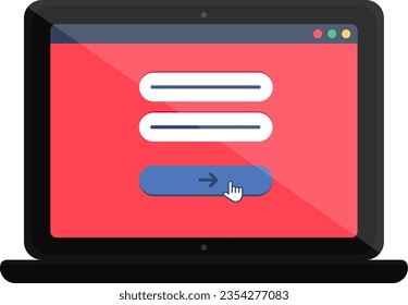 Menú de página web en pantalla de gadget digital. Página de autorización que ingresa al sitio web de acceso y contraseña en un portátil portátil con marco negro. Icono de vector plano simple aislado en fondo blanco