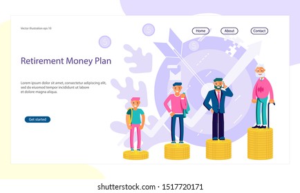 Web page with Metaphor of people with retirement money or personal finance plan.Men of different ages stand on a stack of gold coins. Flat Art Vector illustration