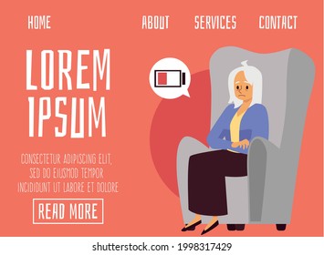 Web page mockup with tired exhausted elderly woman resting in chair, flat vector illustration. Senior people energy level and recreation, health recovery website.