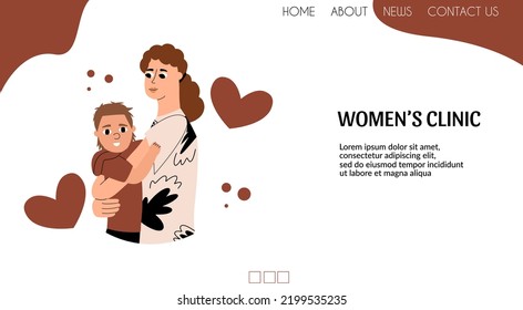 Web page with a mother hugging a child. Website template for medical clinic. Vector illustration in flat style