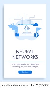 Web page with neural network symbol. Over the page are the settings, folders, and cloud storage icons. Flat vector illustration isolated on white background for advertising poster.