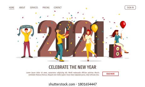 Página Web del Año Nuevo 2021. Gente alegre celebrando un Año Nuevo con globos, música y confeti. Ilustración vectorial para afiche, banner, volante, invitación, sitio web.