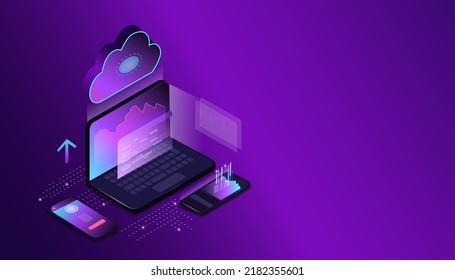web page on a laptop screen, a mobile phone is lying, a cloud, a cloud service or an application. Modern technological background. Isometry. Conceptual banner of web technologies