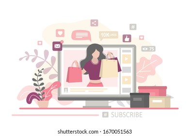 Web page on monitor screen, boxes with goods near. Beauty woman blogger takes shopping review on trendy fashion channel to her subscribers. Video content in social media. Trendy vector illustration