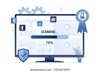 Web page on screen. Antivirus scanning network and software, searching viruses and trojans. Protection of data, passwords and apps. Firewall guard. Internet security technology. Vector illustration