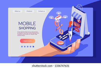 Web page online mobile shopping. Isometric flat 3d illustration. Smart phone, purchase, customer and drone. Digital web banner