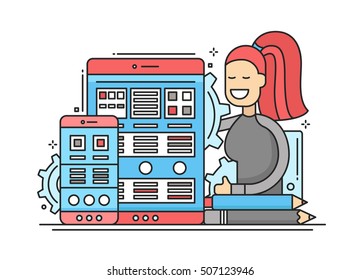 Web Page Optimization - vector modern flat design illustration with mobile devices and smiling female