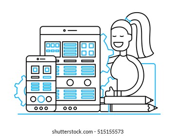 Web Page Optimization - vector modern line design illustration with mobile devices and smiling female