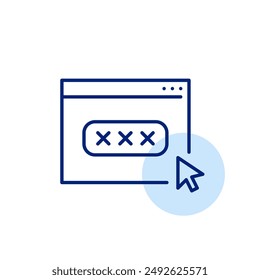 Web page, password covered by asterisks in input box and mouse click. Secure web access, user login page. Pixel perfect, editable stroke icon