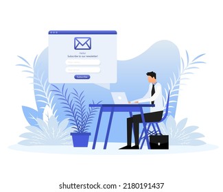 Web page with people in flat style on a white background. Subscribe to our newsletter. Vector illustration