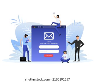 Web page with people in flat style on a white background. Subscribe to our newsletter. Vector illustration