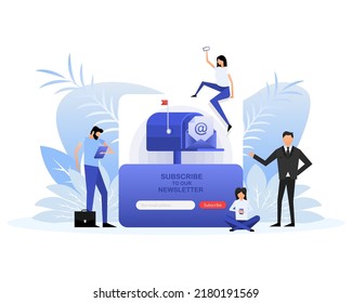 Web page with people in flat style on a white background. Subscribe to our newsletter. Vector illustration