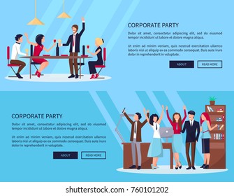 Página web de personas en proceso de fiesta en la oficina con computadora, estantes y mesa, y beber con la ilustración vectorial de la comida aislada en azul