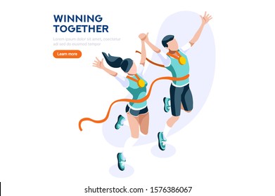 Web Page, Place with Hands of Athletes. Tournament with Athletics Characters for Victory. Cartoons on  Website Page on a First Strong Competition for a Gold Medal. Flat Vector Illustration