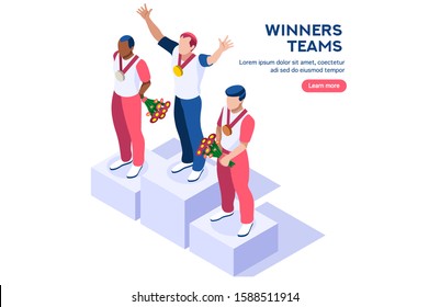 Web page, place with hands of athletes. Tournament with athletics characters for victory. Cartoons on website page on a first strong competition for a gold medal. Flat vector illustration