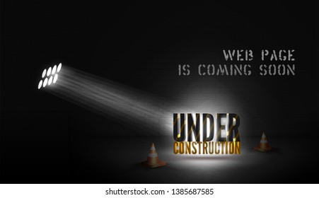 Web page poster Under construction with 3d text in spotlights on scene. Coming soon alert in floodlight with cones on black background. Web site dark banner with glowing message.
