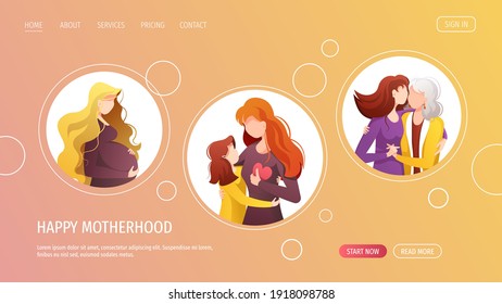 Página web con mujeres embarazadas, madres de diferentes edades con sus hijas. Maternidad, paternidad, Día de la Madre, concepto de familia feliz. Ilustración vectorial para sitio web, afiche, banner.