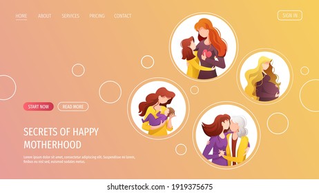 Web page with pregnant woman, moms of different ages with their children. Motherhood, Parenthood, Mother's Day, Happy family concept. Vector illustration for website, poster, banner.