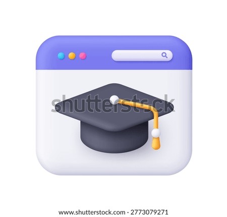 Web page in purple and white with black graduation cap. Online education, virtual graduation, e-learning, academic success, workshops and courses. 3d vector icon. Cartoon minimal style.