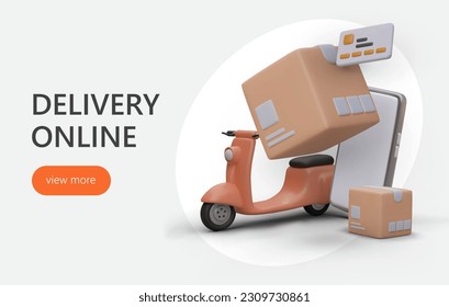 Web page with realistic 3d cartoon scooter, smartphone and carton boxes. Advertising poster, landing page for delivery company. Paying with credit card. Vector illustration with button view more