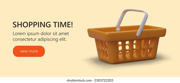 Web page with realistic 3d shopping basket. Promotion banner for market, shopping time concept. Invitation to buy products, advertising for store. Vector illustration with orange background