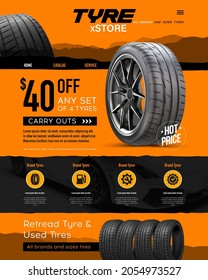 Web page - sales of wheels and tires for cars. Online sale. Car tire sale banner. Car tyre service flyer promo background. Tire sale advertising. Wheels. Black rubber tyre. Discount. Store. Poster.