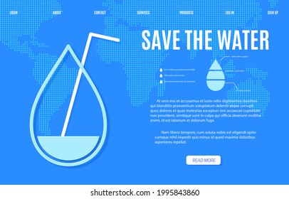 Webseite Die Design-Vorlage für Wasserbanner im Papierschnitt speichern. Der Outline-Tropfen ist halb leer mit Trinkstrohhalm und blauer Erdkarte Silhouette. 22. März Website des Weltwassertags, Vektorkonzept